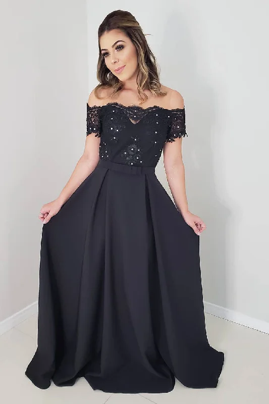 Deal of the Week form-fitting dressElegant Off Shoulder Black Long Prom Dress with Lace Top