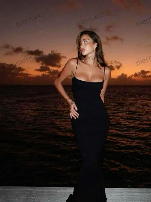 silk dressSexy Mermaid Spaghetti Straps Floor Length Black Evening Dress Prom Dresses