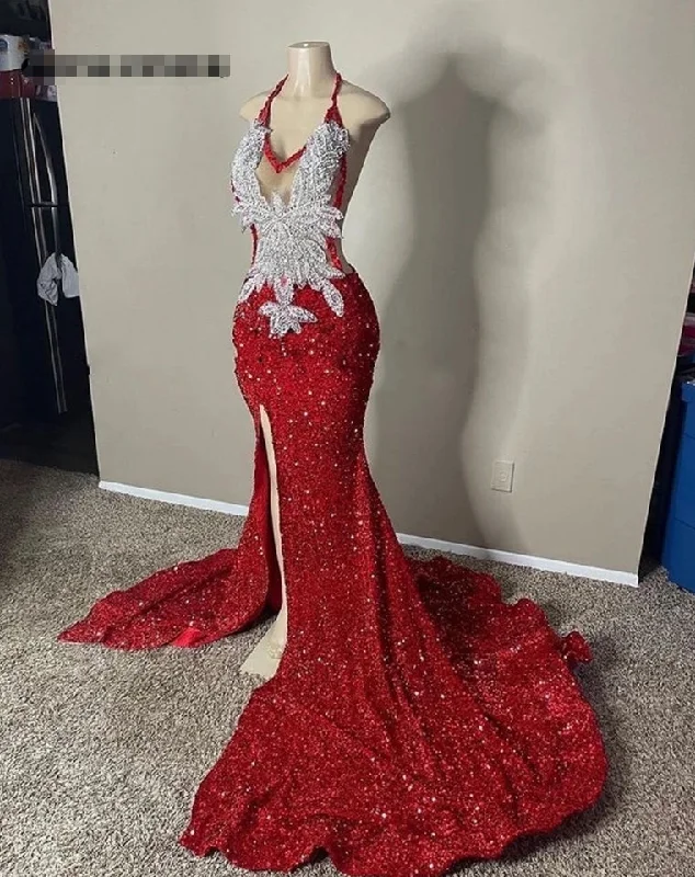 elegant evening dressSliver Appliques Red Sequin Halter Prom Dresses 2024 For Black Girls Slit Mermaid Cocktail Dress Elegant Formal Occasion Gowns