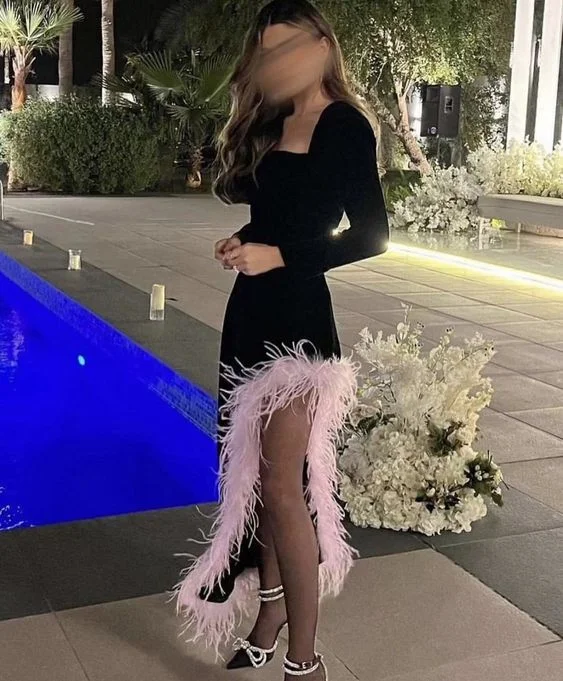 Major Savings trendy dressChic Black Long Sleeves Evening Dress With Feathers Y6724 Major Savings trendy dressChic Black Long Sleeves Evening Dress With Feathers Y6724