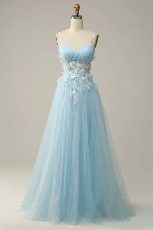 Shop and Save chic dressWomen Sky Blue Spaghetti Straps A Line Tulle Long Prom Dress Y7032