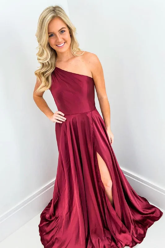 Closeout satin dressElegant One Shoulder Wine Red Long Prom Dress with Split