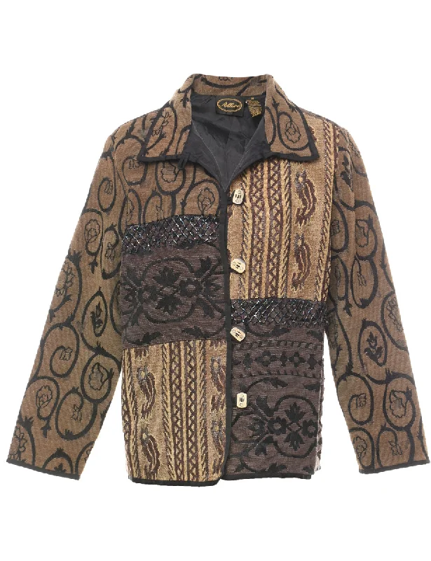 premium puffer coatBlack, Brown & Light Brown Patterned Tapestry Jacket - M