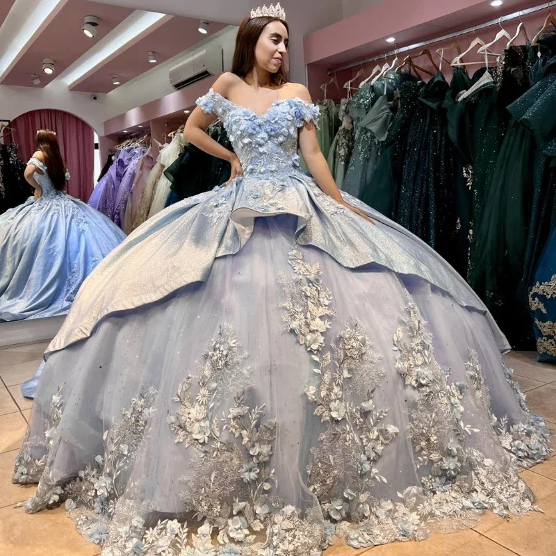 Mega Sale playful dressSky Blue Off The Shoulder Quinceanera Dress Ball Gown 3D Flowers Applique Beads Crystal Tull Sweet 16 Vestidos De XV 15 Anos Mega Sale playful dressSky Blue Off The Shoulder Quinceanera Dress Ball Gown 3D Flowers Applique Beads Crystal Tull Sweet 16 Vestidos De XV 15 Anos