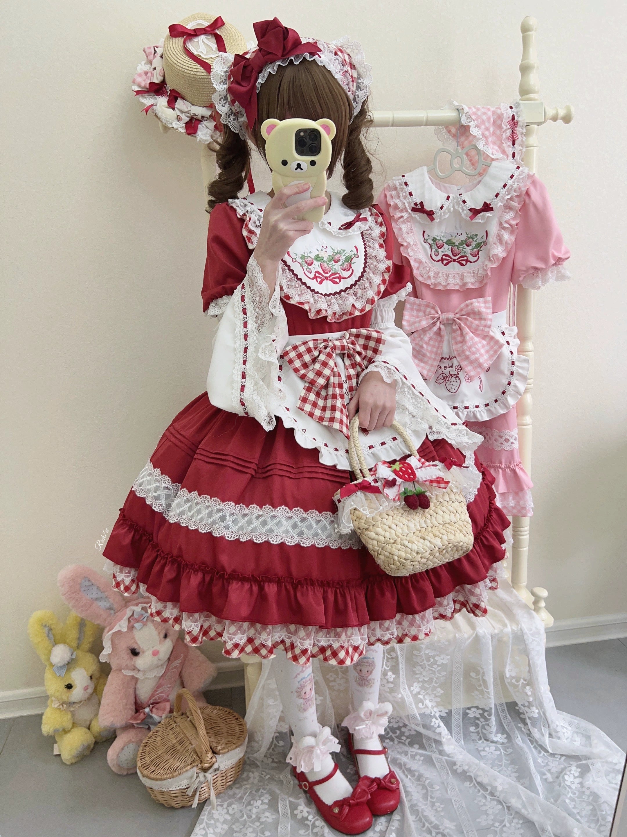 Sale Event sleek dressSugar Girl~Strawberry Tea~Sweet Red Lolita OP Dress Short Sleeve Apron Dress