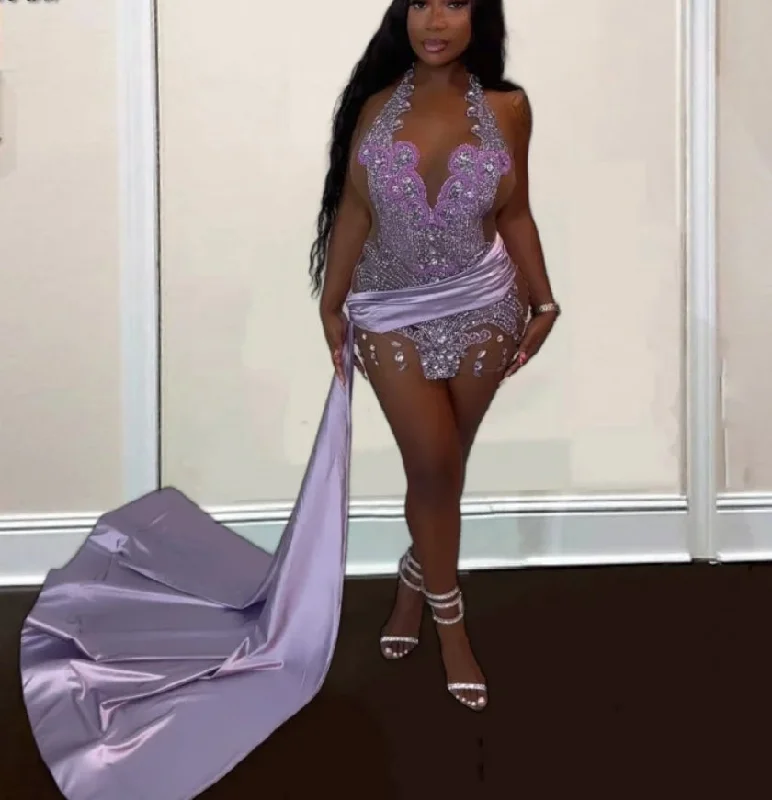 Closeout party dressElegant Lavender Birthday Party Dresses For Women Luxury Crystal See Through Short Porm Dress