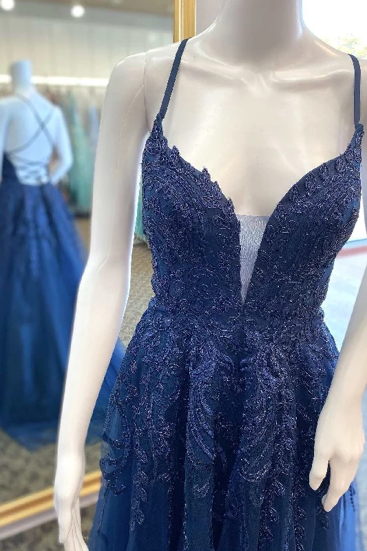 bohemian dressNavy Blue Appliques Plunge Neck Lace-Up A-Line Prom Dress