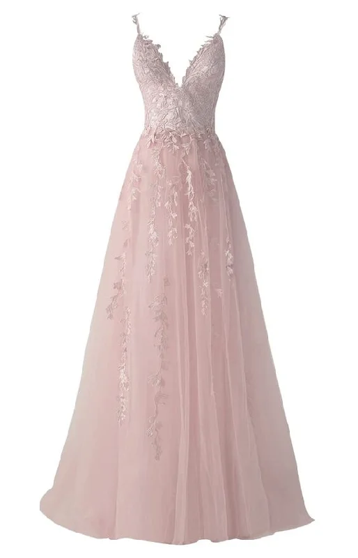 Deep Discounts chic wrap dressChic Tulle Appliques Prom Dress Long V Neck Lace Formal Dress for Women Y7022