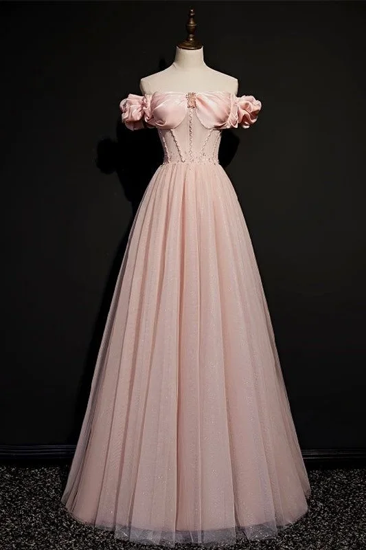 winter dressPink Tulle Beaded Princess Prom Dress Off The Shoulder Ball Gown Evening Dress Y7584