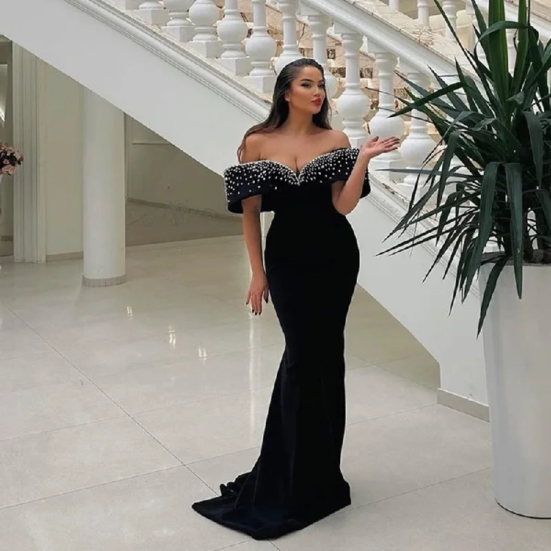 long sleeve dressBlack Formal Dress Mermaid Beads Strench Satin Prom Dresses For Women Party Dress Off The Shoulder Formal Prom Gowns