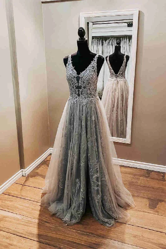 Deal Explosion casual slip dressElegant Backless Grey Lace Formal Dress