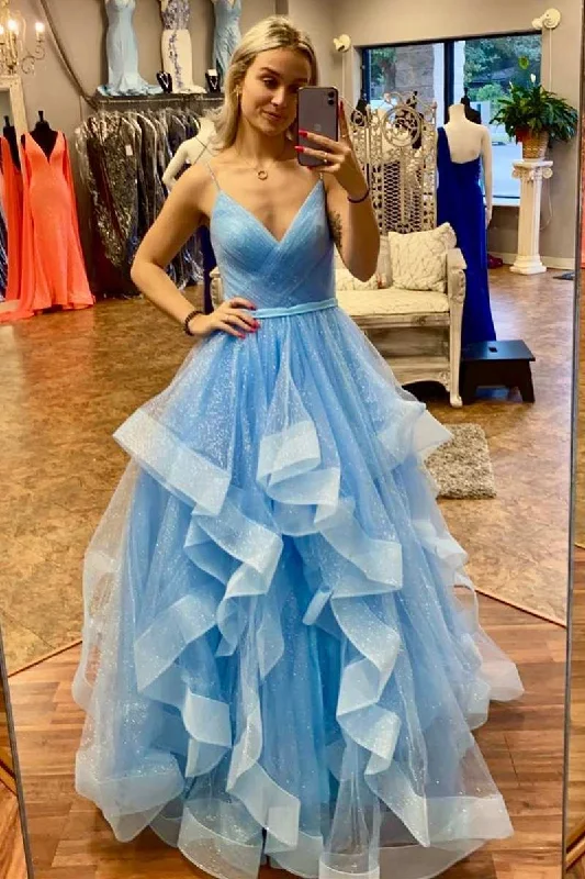 fitted dressBlue Tulle Surplice Neck Multi-Tiered A-Line Prom Gown