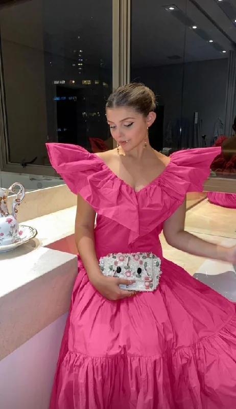 Stock Clearance oversized dressChic A-line V Neck Pink Evening Dress,Pink Formal Dress Y6131