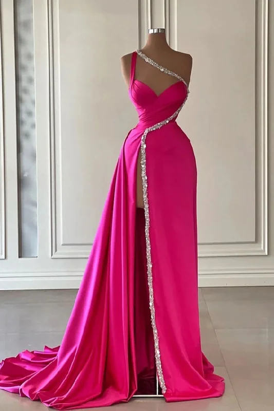 Today’s Deal satin midi dressEvening Dress Fuchsia Long One Shoulder With Slit Pleated Beadings
