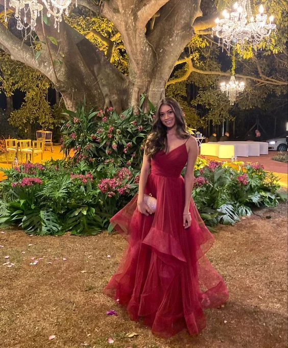 Buy Now fitted cocktail dressElegant Burgundy A-line Ruffle Evening Dress  Y5878