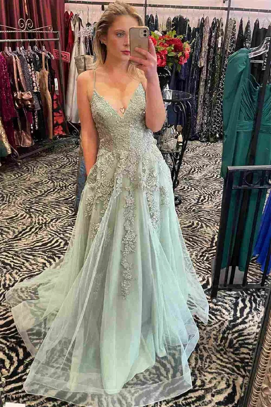 winter dressDusty Sage A-line V Neck Applique Tulle Long Prom Dress