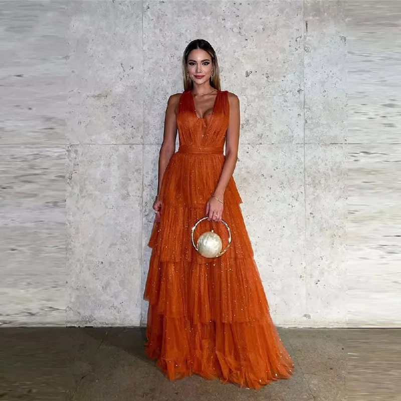 oversized dressShiny Burnt Orange Tulle Evening Dresses Long Women V Neck Tiered Formal Dress Women Party Prom Night Event Gown