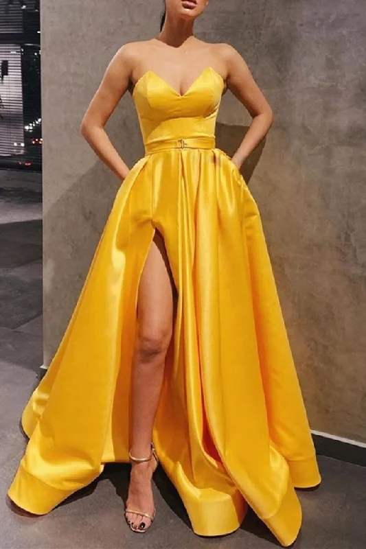 casual slip dressStrapless Sweetheart Neck Yellow Satin Long Prom Dress, Long Yellow Formal Graduation Evening Dress with Slit S20761