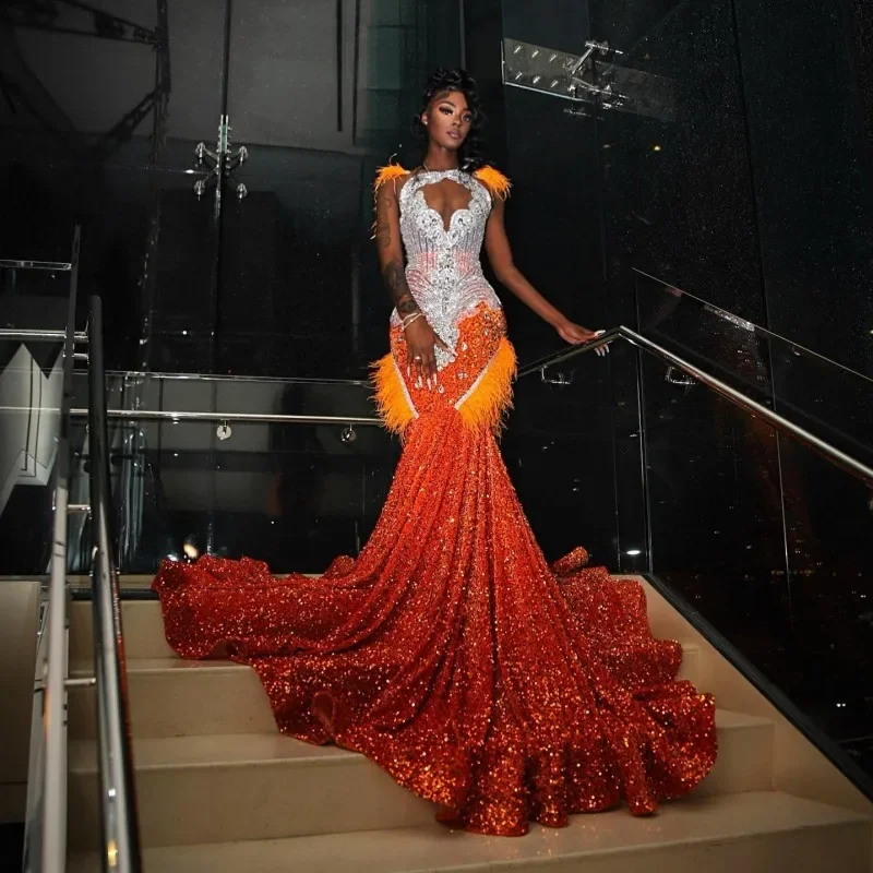 Extra Savings sleek dressLuxury Orange Prom Dresses For Black Girls Feathers Rhinestone Sequin Mermaid Party Gowns Afrcian Women Crystal Evening Dress