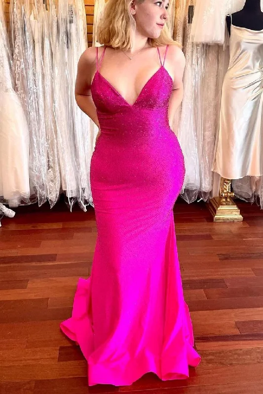 party dressSexy Mermaid Hot Pink Beaded Long Prom Dress