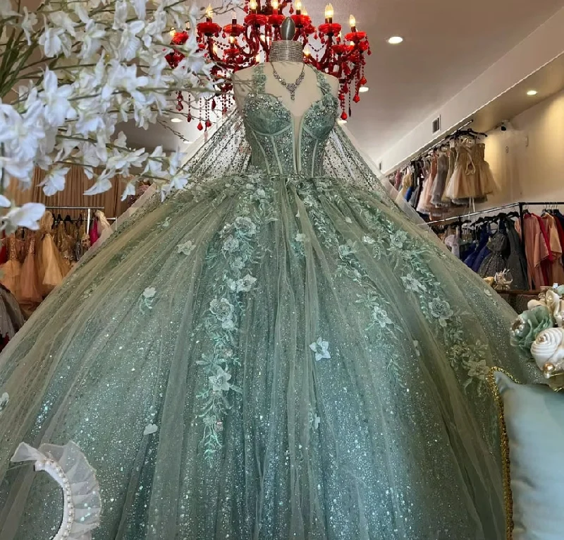 casual dressSparkling Sage Green Lace Up Ball Gown Quinceanera Dresses 2025 With Appliques Mexico Brithday Party Vestidos De 15 Quinceañera