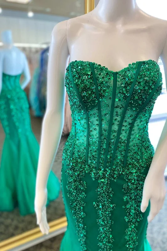 ruffle dressGreen Sequin Strapless Mermaid Long Prom Dress