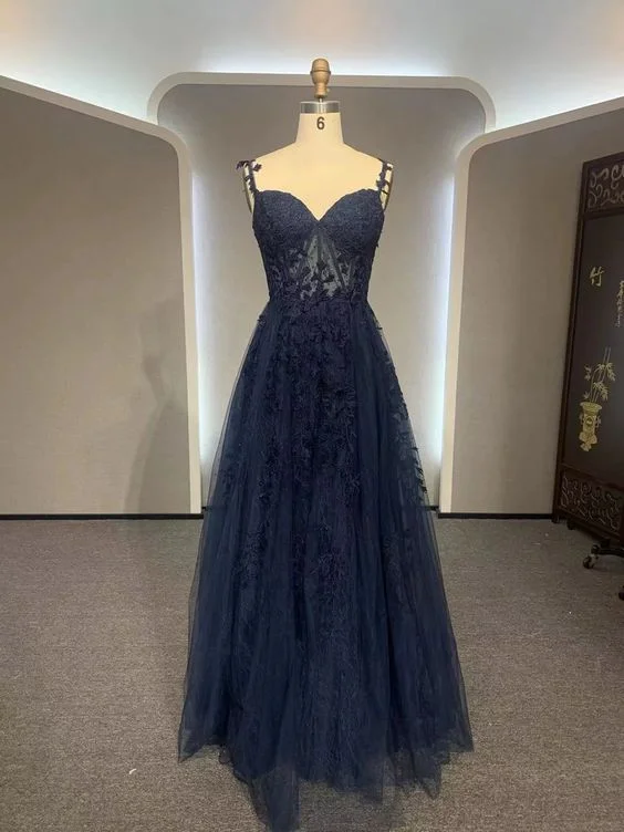 party dressNavy Blue Long Lace Prom Dresses,Navy Blue Long Lace Formal Dress Y7423