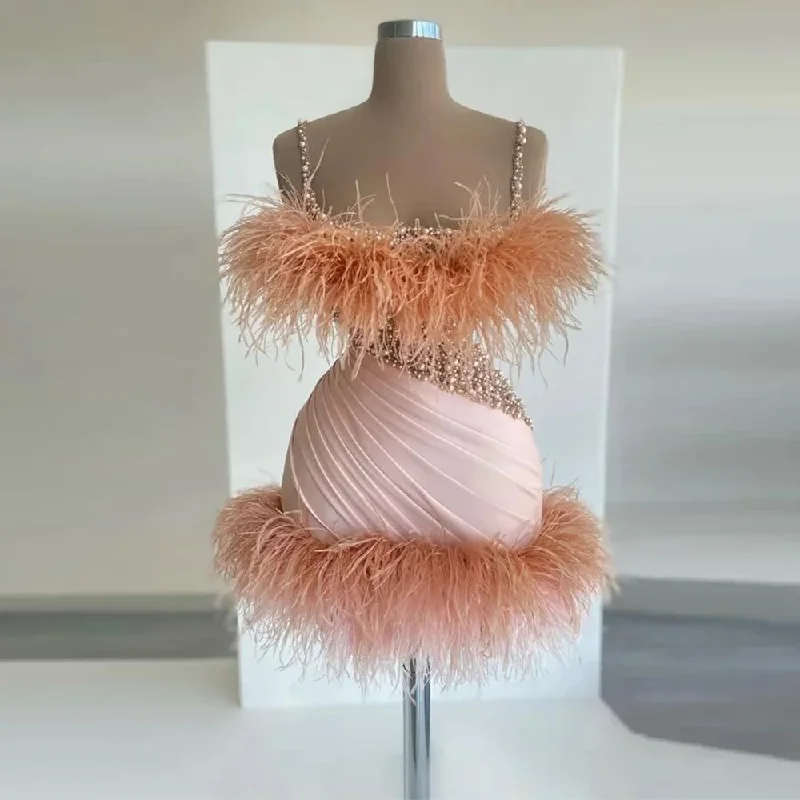 layered dressLuxury Mimi Cocktail Dress for Women Feather Pearls Beaded Short Evening Party Dress Spaghetti Straps Pink Satin Birthday Dress