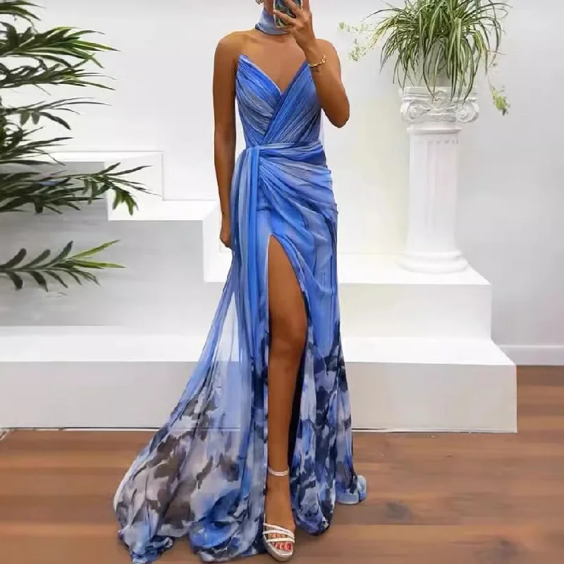 Massive Deals party-ready dressSummer Fashion Sleeveless Elegant Slit Print Dress
