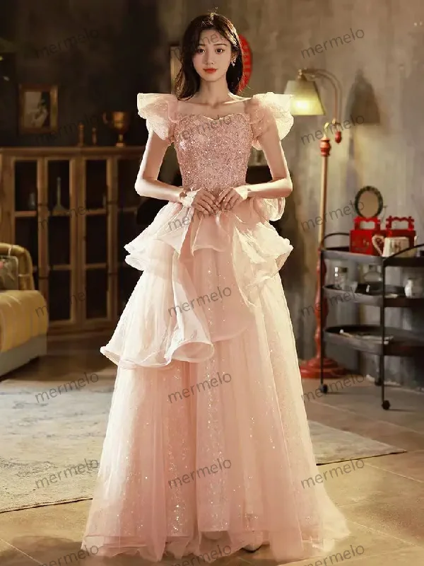 trendy mini dressPink Elegant Evening Dresses for Women Flying Shoulder Sequined Ruffle Fluffy Organza Prom Dreeses for Woman