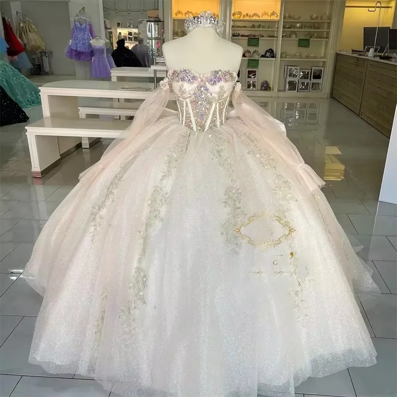 wool dressGlittering Crystal Quinceanera Dresses Long Off Shoulder Sleeves Princess Dress Party Gowns Vestidos De 15 Anos