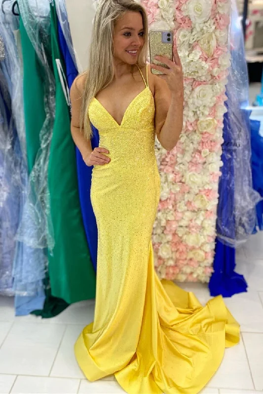 silk dressEmpire Yellow Beaded Mermaid Long Formal Dress