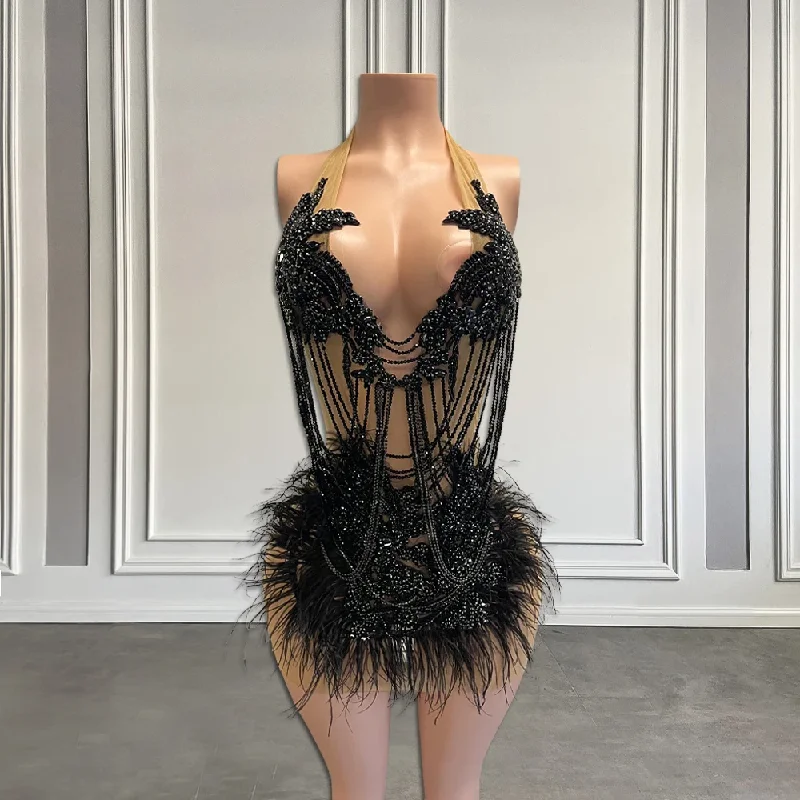 oversized dressLuxury Beaded Tassels Short Formal Prom Party Dress 2024 Sexy Halter Black/Green Feathers African Women Birthday Cocktail Gowns