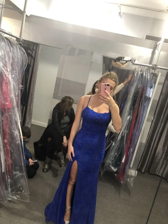 Super Sale formal dressCharming Blue Sheath Lace Long Evening Dress with Slit Y6323