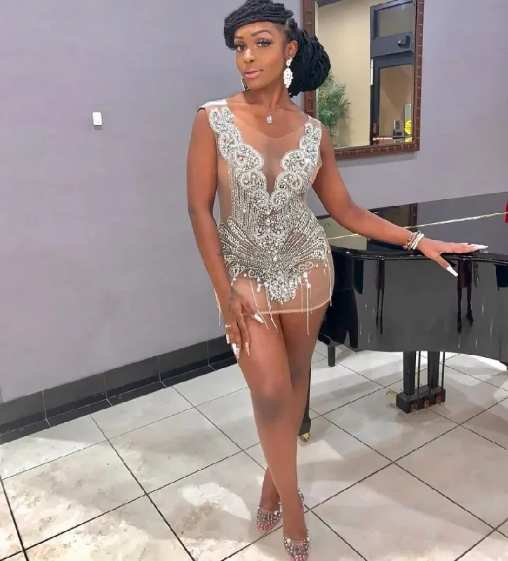 Buy Now fitted cocktail dressElegant Rhinestone Short Prom Dress Sheer Neck Fitted Woomen Birthday Gowns Tassel Vestidos De Gala Black Girls Party Dresses