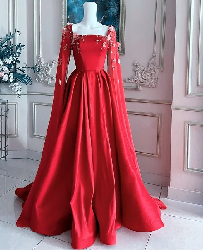 t-shirt dressGorgeous Red Satin Appliques Prom Dress,Formal A Line Party Evening Dress With Cape Y7593