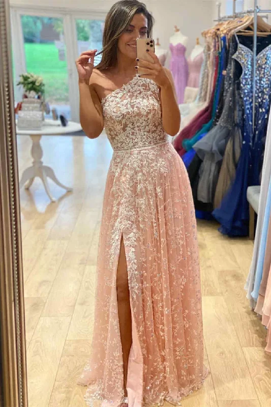Limited Time office dressOne Shoulder Appliqued Pink Prom Dress with Slit