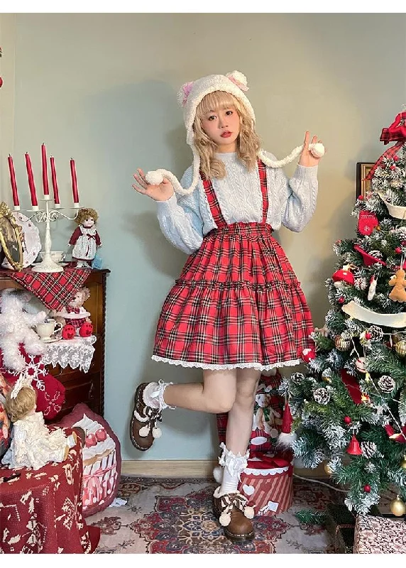 wrap-around dress(BFM)Labeau~Christmas Vintage Lolita Skirts Doll Collar Blouse Plaid Skirt Set