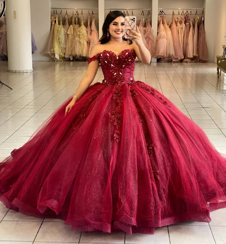 t-shirt dressBurgundy Princess Quinceanera Dresses Ball Gown Sweetheart Tulle Appliques Sweet 16 Dresses 15 Años Custom