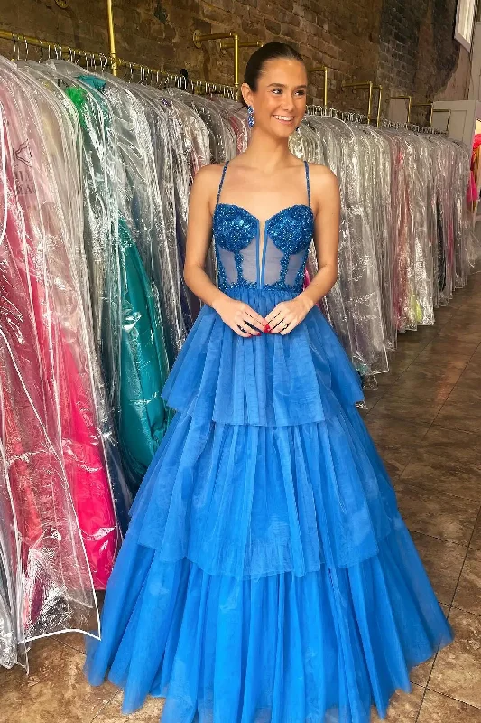 casual summer dressSpaghetti Straps A-line Graduation Dresses Organza Tiered Ruffles Sweetheart Long Cake Dress Sparkly Appliques Sequin Prom Gowns