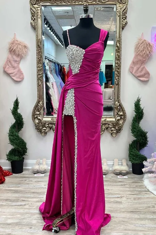 chic slip dressAsymmetrical Magenta Beaded Long Formal Dress with Attached Train