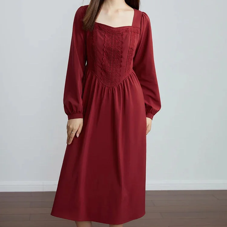 summer dressRetro Red Long Sleeve Square Neck Dress with Lace Decoration