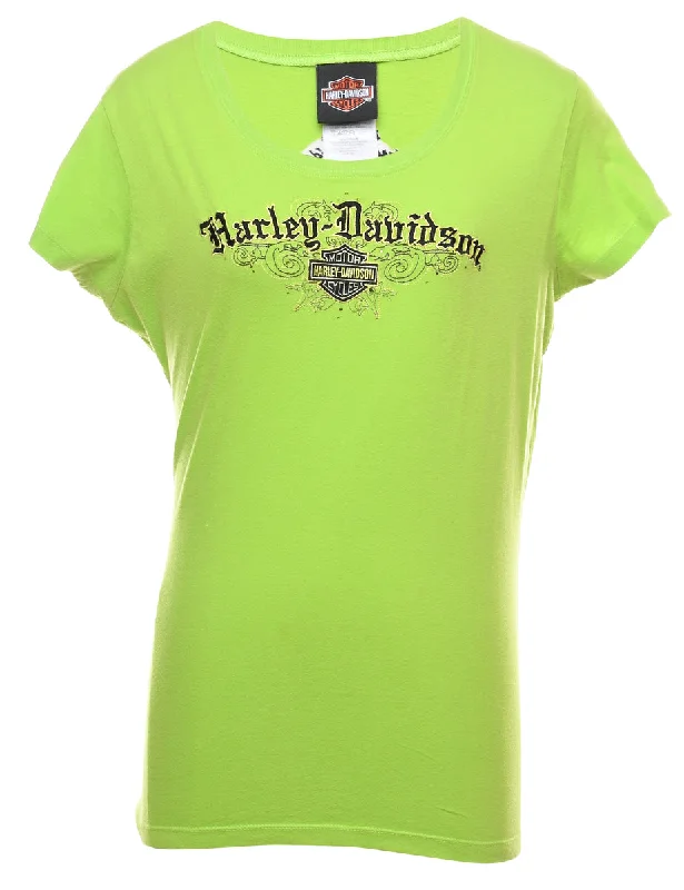 retro coatHarley Davidson Printed Lime Green Y2K T-shirt - L