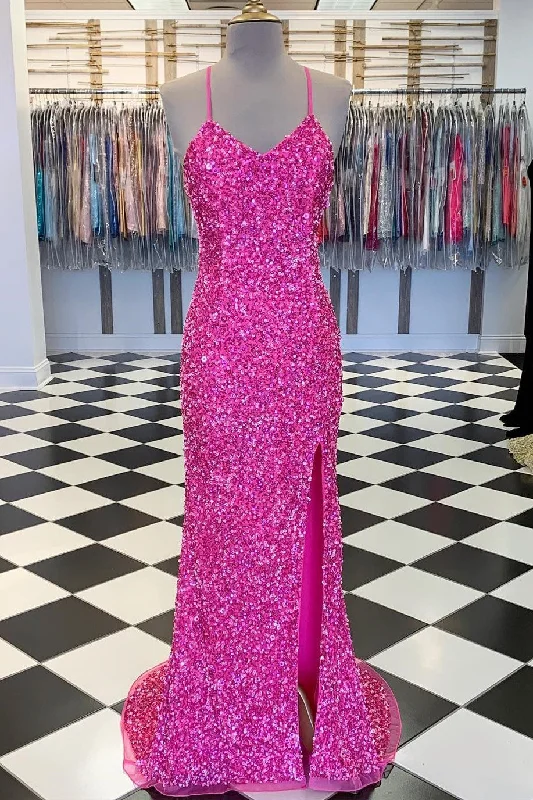 fitted dressSpaghetti Straps Pink Sequin Mermaid Long Dress