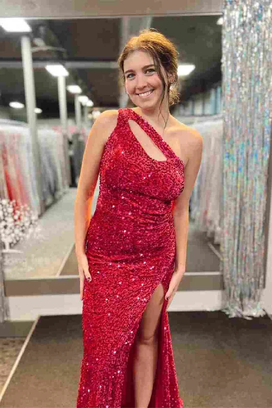 summer dressRed Mermaid One Shoulder Cut-Out Sequins Long Prom Dress with Slit