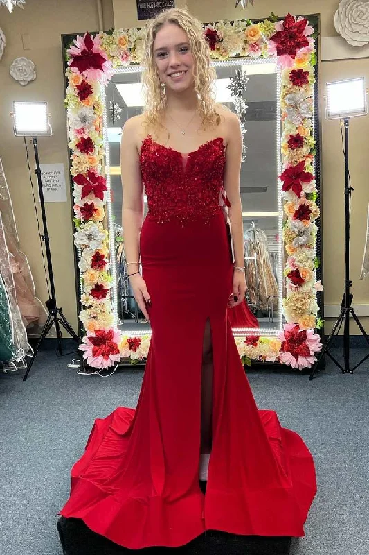 textured dressRed 3D Floral Lace Strapless Mermaid Long Prom Dress