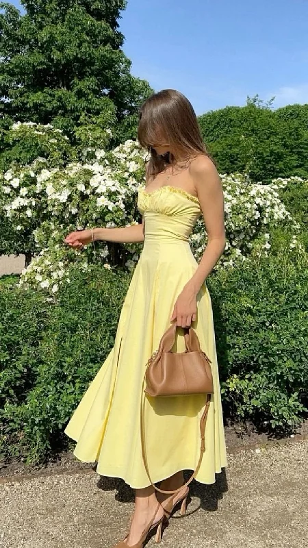 trendy bodycon dressCute Yellow Strapless A Line Evening Dress Strapless Long Prom Dress Party Dress With Slit Y7551