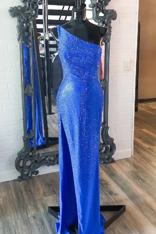 Limited Stock casual slip dressOne Shoulder Mermaid Royal Blue Long Formal Dress