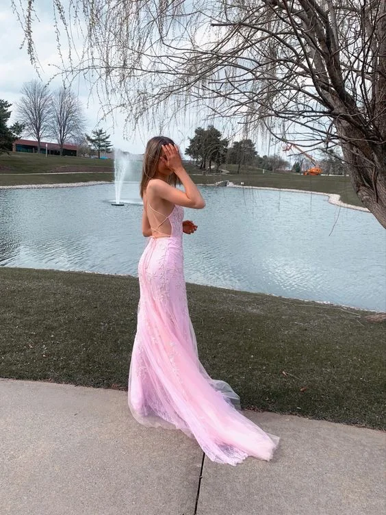 chic wrap dressPink Mermaid Long Prom Dress with Appliques  Y7435