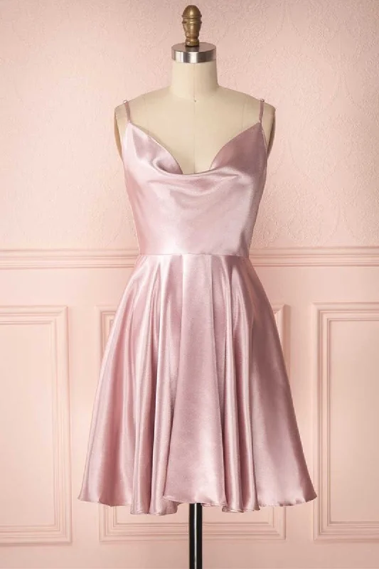 v-neck dressDusty Pink Cowl Neck A-Line Short Homecoming Dress